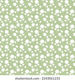 Butterfly flowers white on green background with old vintage texture. Seamless vector pattern for background, textile