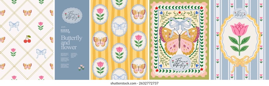 Butterfly and flowers.Vector french cute girly floral illustration seamless pattern, wallpaper, cameo, ribbon bow, cherry for italian postage stamp, frame, poster. background, wall art or textile