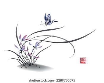 A butterfly flutters over an Orchid flower. Vector illustration in traditional oriental style. Text - "Summer is coming".