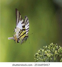 Uma borboleta voeja suas asas nas artes vencedoras do verde