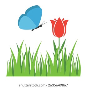 butterfly fly on meadow above green grass and tulip flower icon