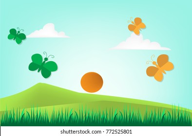 butterfly flying above mountain green view with green plant with sun sky background, vector paper art and illustration.