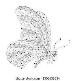 Butterfly flying from abstract futuristic polygonal black lines and dots. Vector illustration.