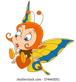 Butterfly flying. Cartoon character isolated on white background. Colorful design for kids activity book, coloring page, colouring picture. Vector illustration for children.