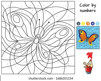 Butterfly flying. Color by numbers. Coloring book. Educational puzzle game for children. Cartoon vector illustration