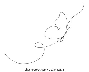 Butterfly Flying Continuous Line Art Drawing. One Line Butter Fly Insect. Vector Isolated On White.	