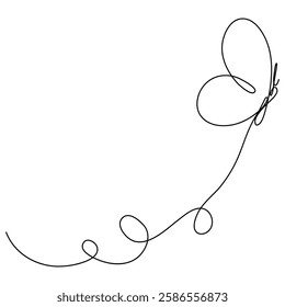 Butterfly flying continuous line art drawing. Cute butterfly insect with curve line. Vector illustration isolated on white.