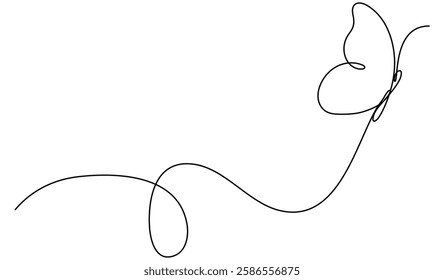 Butterfly flying continuous line art drawing. Cute butterfly insect with curve line. Vector illustration isolated on white.