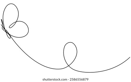 Butterfly flying continuous line art drawing. Cute butterfly insect with curve line. Vector illustration isolated on white.