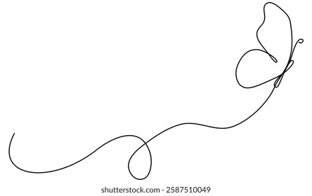 Butterfly flying continuous line art drawing. Cute butterfly insect with curve line. Vector illustration isolated on white.