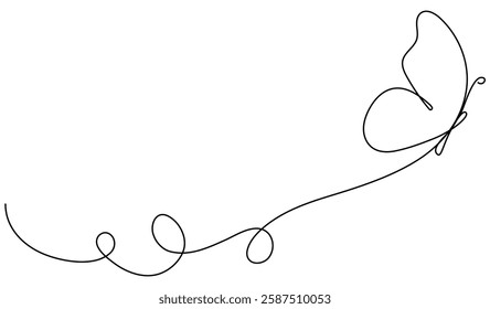 Butterfly flying continuous line art drawing. Cute butterfly insect with curve line. Vector illustration isolated on white.