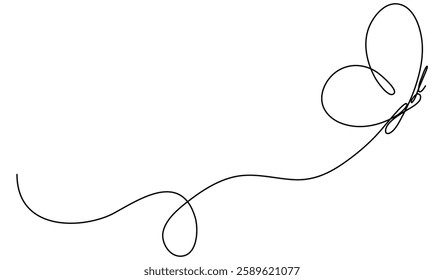 Butterfly flying continuous line art drawing. Cute butterfly insect with curve line. Vector illustration isolated on white.