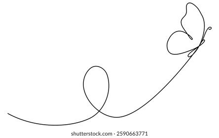Butterfly flying continuous line art drawing. Cute butterfly insect with curve line. Vector illustration isolated on white.