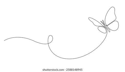 Butterfly Flying Continuous One Line Drawing. Beautiful Line Art Butterfly for Beauty Logo Design. Editable Stroke. Insect Flying Simple Doodle Vector Illustration. Not AI