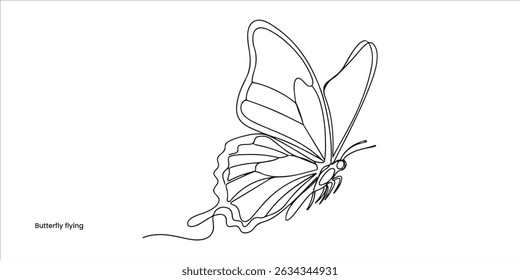 Butterfly flying continuous single line art drawing sketch on white background	
