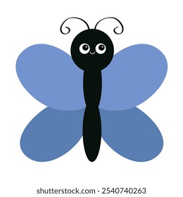 Icono de insecto volador de mariposa. Lindo bicho. Caricatura kawaii personaje animal divertido. Color azul. Cara sonriente. Bebé colección de los niños. Estilo infantil. Diseño plano. El fondo blanco. Aislado. Vector