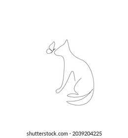 Butterfly flying near cat line drawing vector illustration