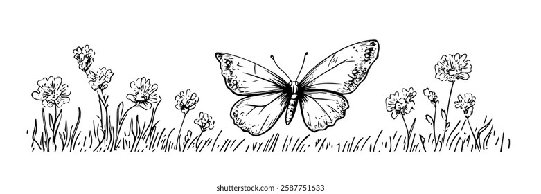 butterfly flying over flowers in hand-drawn line art style