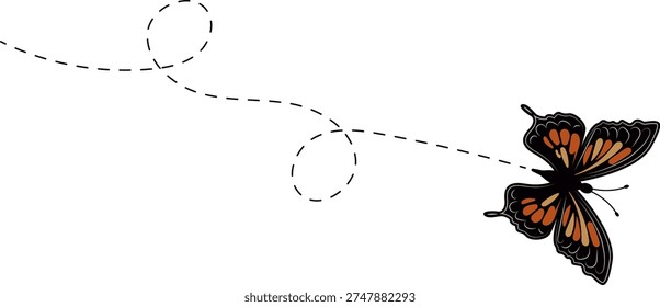 Butterfly flying path. A Butterfly flying in a dotted line. The flight path of Butterfly. Butterfly flying on a dotted route. Hand drawn moth. Spring and summer Vector illustration.