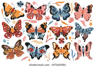 Butterfly flying set vector illustration. Cartoon colorful hand drawn butterflies fly collection with cute moth wings and insects, stylized spring summer flowers, flora leaves isolated on white