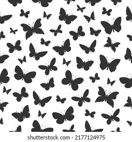 Butterfly flying silhouette seamless pattern. Butterfly black texture. Vector illustration.