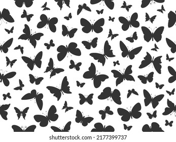 Butterfly flying silhouette seamless pattern. Butterfly black texture. Vector illustration.