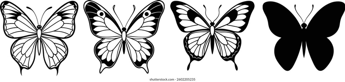 butterfly flying. silhouette vector butterfly set. liner art butterfly. Vector illustration of butterfly on white background. There are two versions, black shape and liner art.