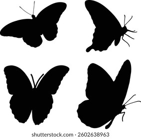 butterfly flying. silhouette vector butterfly set. liner art butterfly. Vector illustration of butterfly on white background. There are two versions, black shape and liner art.