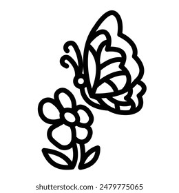 Butterfly flying towards flower icon illustration with black outline isolated on square white background. Simple flat cartoon art styled drawing.