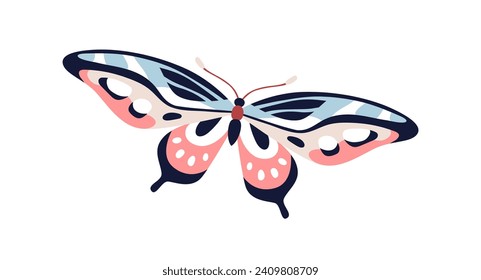 Butterfly flying. Tropical exotic moth with beautiful wings pattern. Spring and summer insect. Abstract gorgeous fauna species. Flat graphic vector illustration isolated on white background