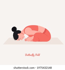  Butterfly Fold Yoga pose. Young woman practicing yoga  exercise. Woman workout fitness, aerobic and exercises. Vector Illustration.