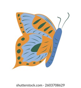 Butterfly with folded wings. Cute children butterfly with beautiful pattern on wings in yellow and blue colors. Isolated vector illustration on white background.