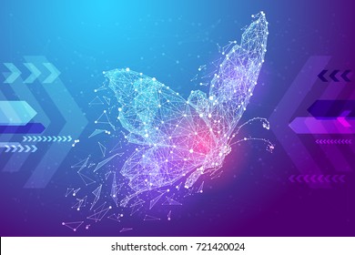 Butterfly in the form of a starry sky or space, consisting of points, lines, and shapes in the form of planets, stars and the universe. Insect from polygon vector wireframe concept. Blue purple