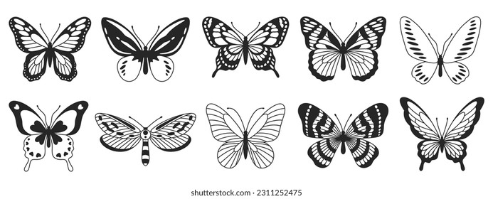 Butterfly fourth set of black and white wings in the style of wavy lines and organic shapes. Y2k aesthetic, tattoo silhouette, hand drawn stickers. Vector graphic in trendy retro 2000s style.