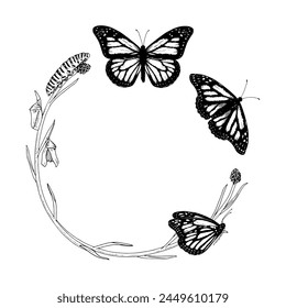 Butterfly Frame border Vector line art. Circle wreath drawing. Hand drawn of metamorphosis. Black outline illustration of flying insects. Nature life cycle transformation sketch. Background for text