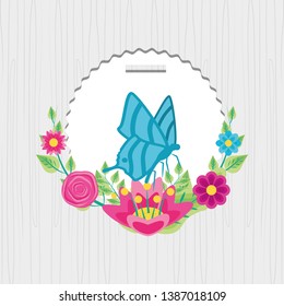 butterfly in frame circular with decoration of flowers