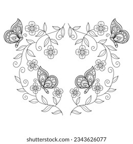 Butterfly frame and flowers hand drawn for adult coloring book