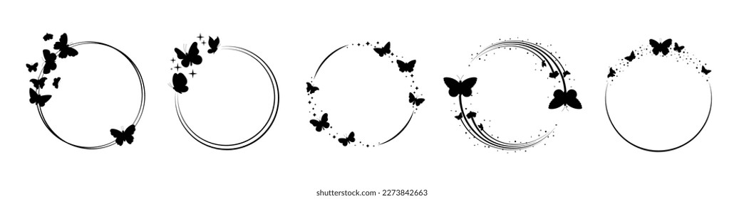 Butterfly frames. Black butterflies stars silhouettes, lined circle decor. Beautiful seasonal graphic elements, flying garden insect. Vector abstract art design