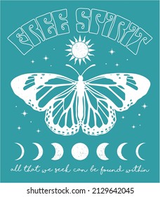 Butterfly Free Spirit Logo with Sun and Moon Phases Vintage Energy