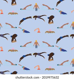 Butterfly, freestyle, breast stroke, back stroke, and start dive illustrated in seamless repeat pattern. Can be used to be printed on fabric, paper, wall paper or any projects with swimming athletes. 