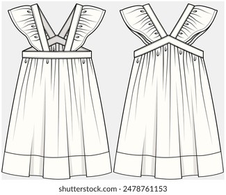 BUTTERFLY FRILL SLEEVES DRESS WITH LACE DETAIL DESIGNED FOR TEEN AND KID GIRLS IN VECTOR FILE