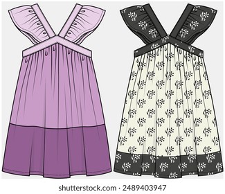 VESTIDO DE MANGA DE MARIPOSA CON DETALLE DE ENCAJE DISEÑADO PARA NIÑAS ADOLESCENTES Y NIÑOS EN ARCHIVO DE VECTOR