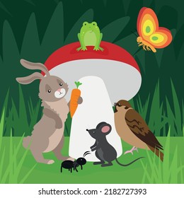 Butterfly, frog, ant, sparrow, mouse, fox, hare under a mushroom