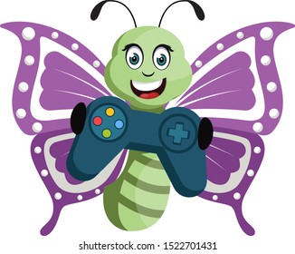 Butterfly with gamepad, illustration, vector on white background.