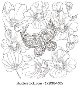Butterfly and garden poppies on a white background. Anti-stress coloring book for children and adults