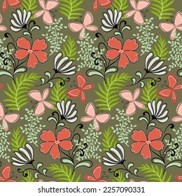 Butterfly garden. Vector seamless pattern with flowers, leaves. plants. Spring summer print in green