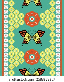 Butterfly Garden A vibrant design featuring stylized butterflies amidst a repeating pattern of geometric shapes and floral accents, creating a whimsical and colorful composition.