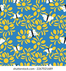 Butterfly garden in yellow, blue, black and white. Summer print with butterflies and flowers. Seamless patter. Vector illustration.