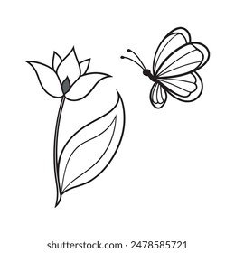 A butterfly gently flying over a single flower, simple shapes