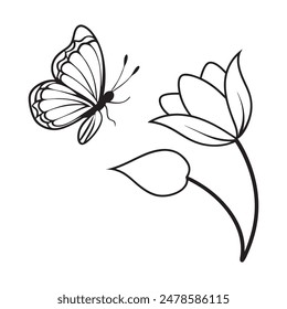 A butterfly gently flying over a single flower, simple shapes